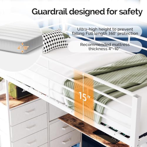 VINGLI Twin Gaming Loft Bed Frame with 7 Drawers and Desk,Metal Single High Sleeper with RGB LED Lights, 2 Built-in Power Outlets, 15” Extra-High Guardrails, Space-Saving Design,White