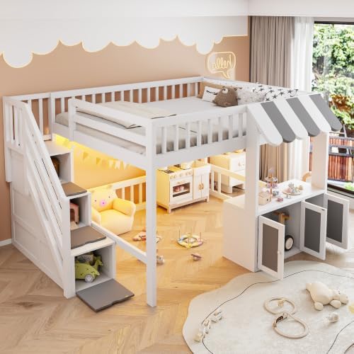 LUMISOL Full Size Loft Bed with Storage Steps and Under Bed Cabinets, Playhouse Loft Bed Frame with LED Light, White+Gray