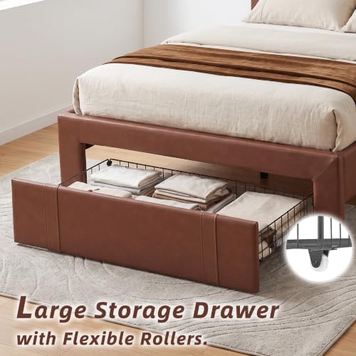 VECELO Twin Size Bed Frame with Storage Drawers, Leather Upholstered with Diamond Tufted Headboard, Solid Wood Slat Support, No Box Spring Needed, PU & Brown
