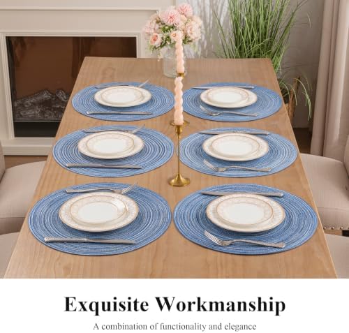 SHACOS Round Braided Placemats Set of 6 Circle Place Mats Kitchen Table Mats for Dining Table Wedding Party (Blue Gray, 6)