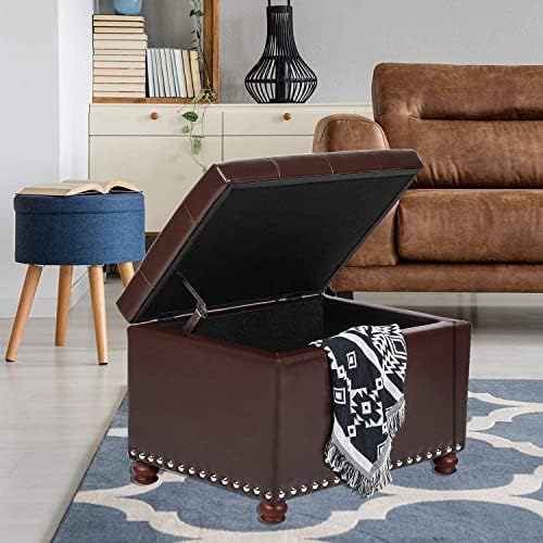 Adeco Button Tufted Accents Rectangular PU Leather Storage Bench Ottoman Footstool for Living Room Bedroom