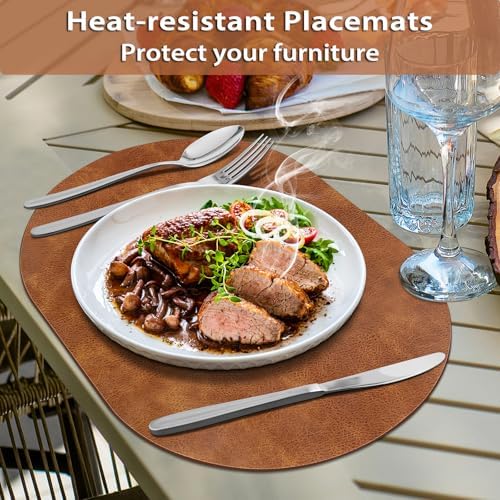 ADRIMER Oval Placemats Set of 4, Wipeable Faux Leather, Turmeric Brown