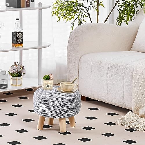 13" Round Handmade Cotton Knitted Boho Small Ottoman with Non-Skid Wood Leg
