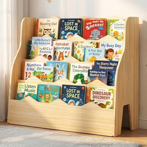 Kids Bookshelf Montessori Wooden Bookcase 4-Tier Front-Facing Organizer