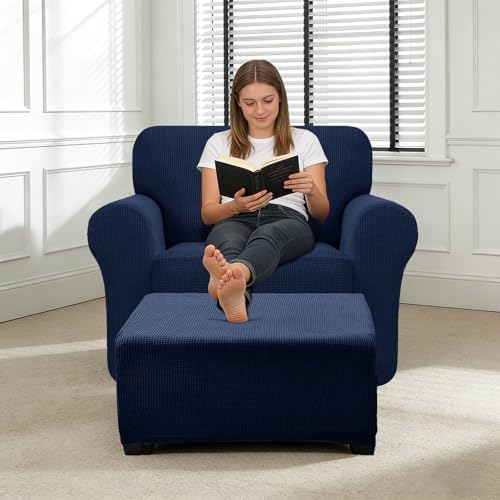 3 Piece Stretch Matching Chair and Ottoman Slipcover Set, Jacquard Arm Chair/Ottoman/Fitted Seat Covers, Non-Slip Accent Armchair and Foot Stool Slip Cover (Navy,3 Pieces Set)