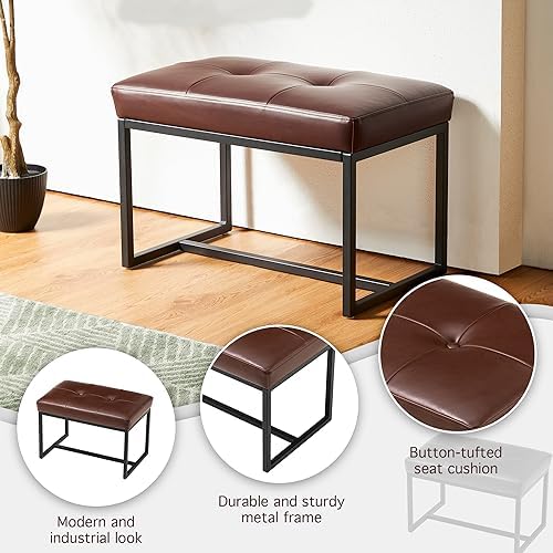 Glitzhome Ottoman Bench Pack of 2, Modern PU Leather Vanity Stools Chairs with Metal Frame, Makeup Stool Padded Foot Rest Stool for Living Room Vanity, Entryway, Bathroom, Brown