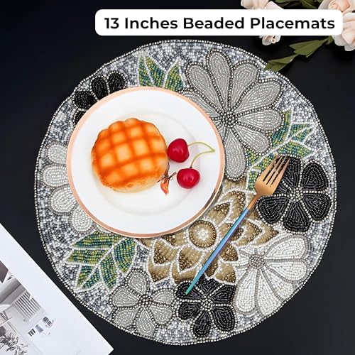 Beaded Placemats for Dining Table Grey Multi - Measure 13 Inches Flower Beaded Placemats Round for Gathering, Christmas, Thanksgiving - Occasional Decoration and Family Parties Celebrations