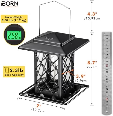 iBorn Bird Feeders for Outdoors, Metal Bird Feeder, Wild Bird Feeders for Cardinal, 2.3LBS Capacity,17.7cm Large Roof, Lantern Style, Black