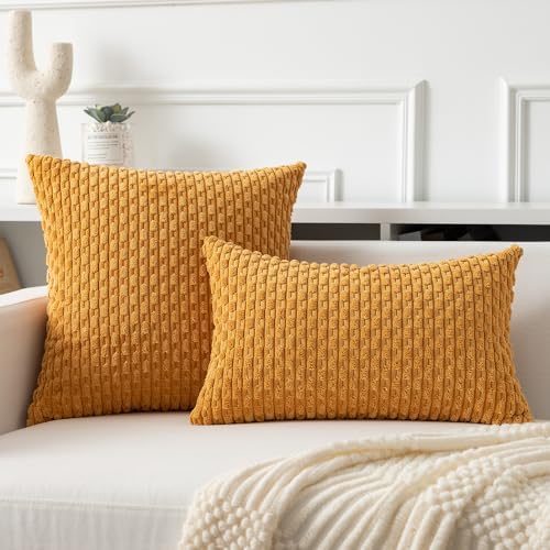Kevin Textile Soft Corduroy 16x16 Inch Pillow Covers 2 Pack, Gold Yellow