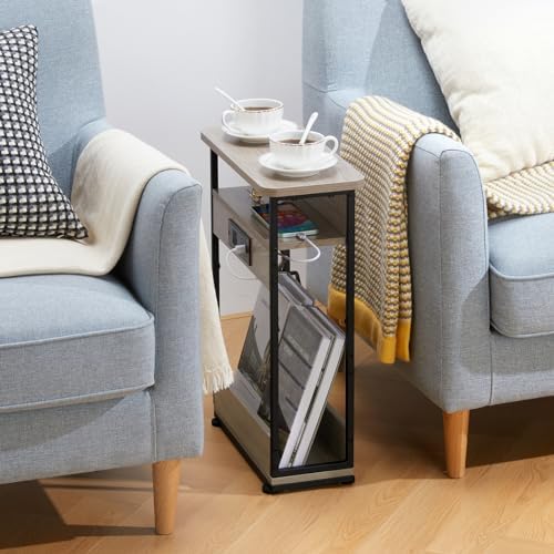 YEAKOO Narrow Side Table with Charging StationSmall Spaces Narrow End Table