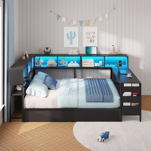 DICTAC Corner Full Bed Frame with Desk, Charging Station and Bookcase Storage, Full Size Platform Bed Frame with Storage Drawers, Led Lights and Shelves, Modern Daybed for Kids, Teens and Adult, Black