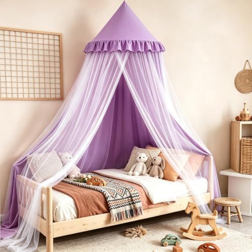Kertnic Princess Bed Canopy for Girls, Double Layer Round Bed Mosquito Net, 31.5" Large Dome Indoor Castle Bed Tent, Sleeping & Reading Nook Curtain for Boys Girls (Purple)