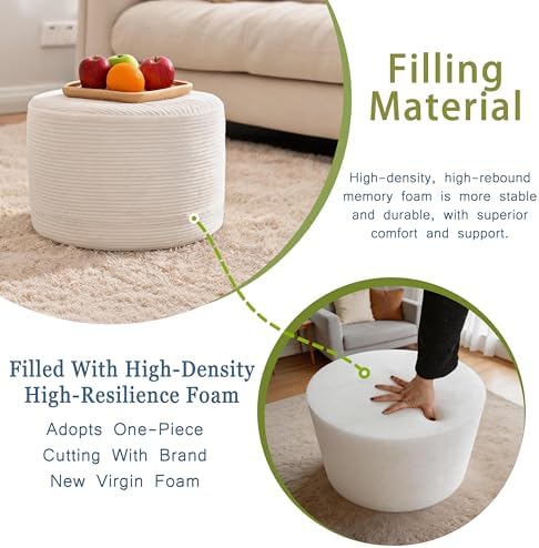 Thgonwid Round Ottoman Pouf, Corduroy Foot Rest Stool, 20x14In, Ivory White