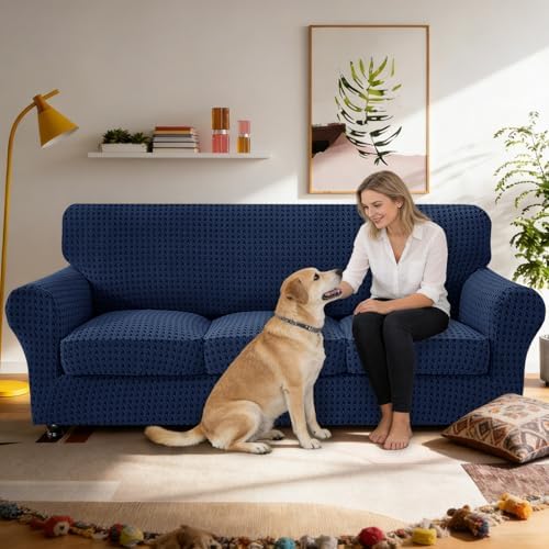 MAXIJIN 4 Pieces Stretch Couch Covers for 3 Cushion Sofa Pet Friendly Couch Cover for Dogs Washable Sofa Slipcovers Thick Soft Furniture Protector with Non Slip Strap (Navy Blue, 71"-91")