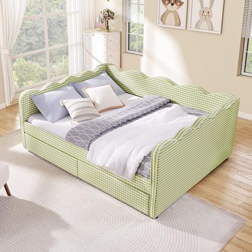 Queen Size Daybed with Storage Drawers, Linen Gingham Daybed with USB Ports & Wave Shaped, Upholstered Day Bed Frame, Modern Sofa Bed for Living Room/Bedroom/Guest Room, No Box Spring Needed, Green