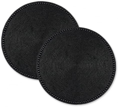 13" Round Glass Beaded Placemats - 2 Pack Table Mats Chargers for Dinner Plates, Plate Chargers Boho Luxurious Elegant Décor for Dining Table, Events & Parties (Black)