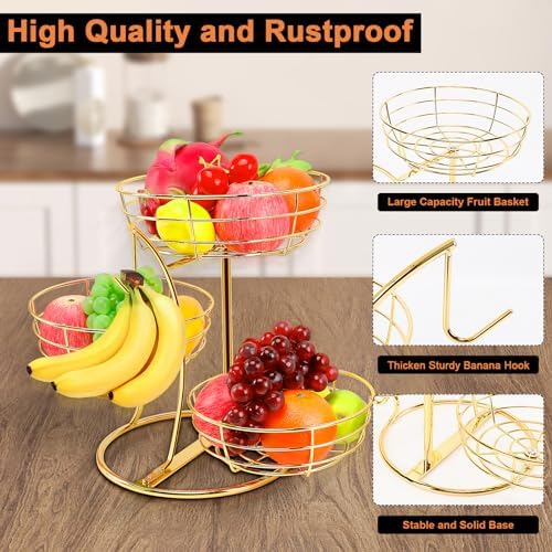 Livabber Fruit Basket Bowl with Banana Hanger, Fruit Vegetable Storage Basket with Banana Tree Holder for Kitchen Counter, Detachable Organizer for Bread Snack Produce (Gold, 3-Tier Metal Base)