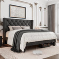 GalnFu Queen Size Bed Frame with Button Tufted Headboard, Upholstered Platform Bed Frame with UnderBed Storage, Wooden Slats Supports, Noise Free, No Box Spring Needed, Easy Assembly, Dark Grey