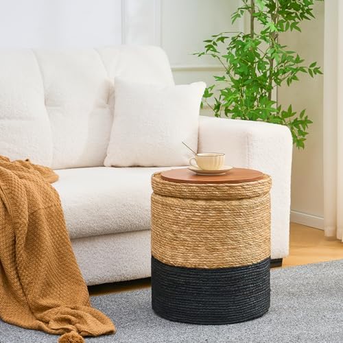 Nested White Round Pouf Ottoman Handwoven Natural Grass Pouffe Rattan Stool