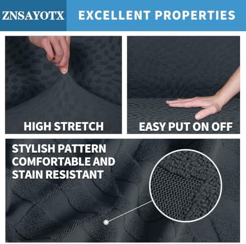 ZNSAYOTX 1 Piece Stretch Sofa Covers for 3 Cushion Couch (72"-90"), New Plaid Couch Cover with Non-Slip Buckle for Dog Pets, Ultimate Soft Cozy Washable Sofa Slipcover Form Fit Protector, Dark Grey