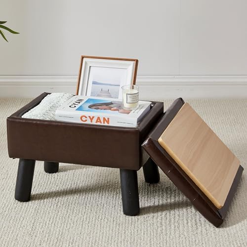 Storage Ottoman, Small Foot Stool Ottoman with Storage, Faux Leather Foot Rest with Wood Legs, Footstool for Living Room, Bedroom, Entryway, Brown