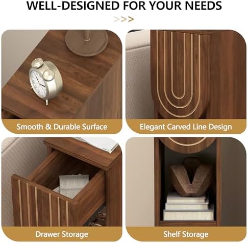 weselon Narrow Nightstands Set of 2, Mid-Century Modern Bedside Table with Carved Drawer and Storage Shelf, Farmhouse Slim Side End Table for Bedroom, Small Space (2, Walnut)