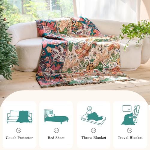 Boho Throw Blanket Twin Size - 100% Cotton, Floral Blankets for Bed