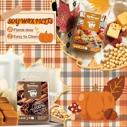 Salubrito Fall Scented Wax Melts, Strong Scented Soy Wax Cubes/Tarts Variety Set- Pumpkin Spice, Cinnamon, Spiced Cider, Snickerdoodle, Balsam Pine, Candy Corn, Fall Harvest, Apple Pie, 8x2.5oz