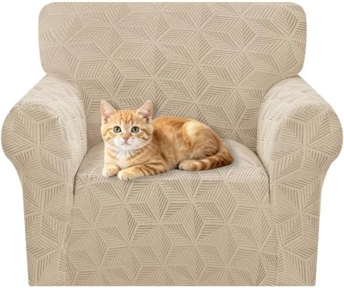 ZNSAYOTX Stretch Chair Cover, 1 Piece Couch Covers for 1 Seat Sofa, Jacquard Armchair Slipcovers with Elastic Bottom Thickened Furniture Protector for Dog Cat Pet (Small, Khaki)