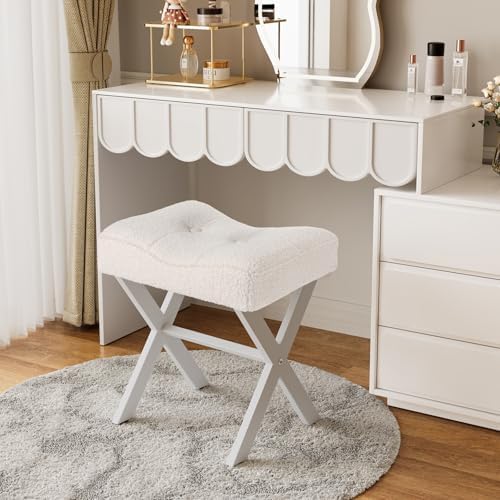 Memobarco 18-Inch Vanity Stool Chair, White Padded Saddle Makeup Stool