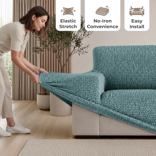 PAULATO Premium Stretch Couch Covers for Sofa - Sofa Chair Cover Washable, Dogs & Pets Friendly - Elastic Polyester Loveseat Slipcovers - Non-Slip Love Seat Couch Covers - Teal (64"-85" Wide)