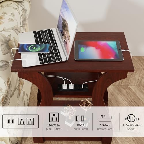 FROMJBEST End Tables Living Room, Cherry End Table with Charging Station