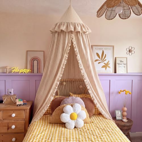 SmoothNovelty Gingham Plaid Bed Canopy, Beige White, Round