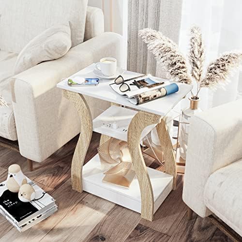 FROMJBEST End Tables Living Room, End Table with Charging Station,White&Oak