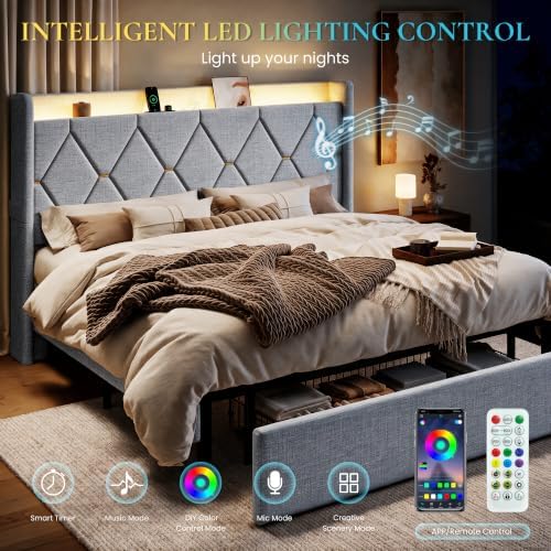 SHA CERLIN King Size Bed Frame with Storage Drawer & LED Lights, Grey