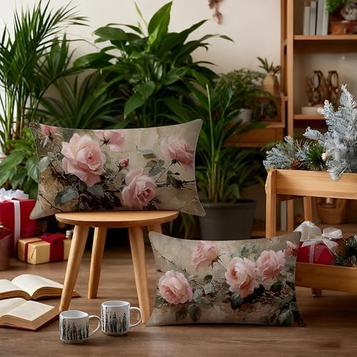 Vintage Pink Rose Floral Throw Pillow Covers Decor 12x20, Shabby Chic Rustic Cottagecore Decorative Rectangle Throw Pillow Covers, Gifts for Room Couch Double-Sided Set of 4