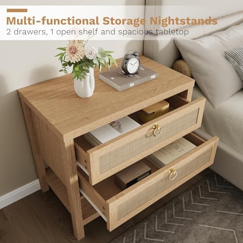 Eclatara Large Rattan Night Stand Set of 2: Boho Nightstand with Drawers and Storage Shelf, Natural Oak Bedside Table End Table Side Table for Bedroom(Natural Oak,2 Pieces)