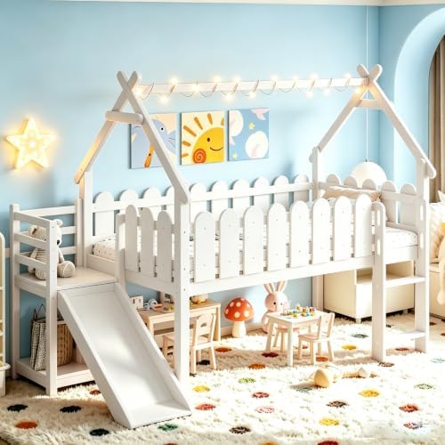 Bellemave Low Loft Bed Twin with Slide and Lights Strip for Kids, White