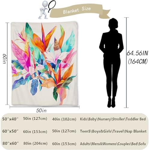 Tropical Leaf and Floral Blanket, Soft, Cozy, Lightweight Flannel Throw Blanket - Ideal for Couch, Bed, Travel, Fuzzy Decorative Home Decor for Indoor and Outdoor Use 80"x60"