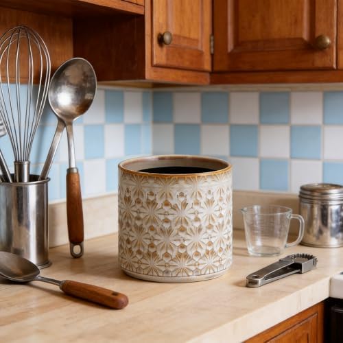 Utensil Holder Utensil Crock Rustic Embossed Ceramic Kitchen Utensil Holder – Farmhouse Decorative Countertop Organizer for Cooking Tools, Flowers, Coffee Pods, 5.3”x5.3” Vintage Beige