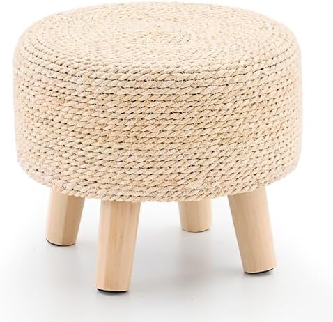 Cpintltr Ottoman Natural Seagrass Footrest Poufs Hand Weave Round Foot Stool for Couch Desk Soft Step Stool Padded Foot Rest with Pine Legs for Living Room Bedroom (Natural White)