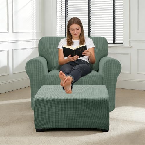 2 Piece Stretch Chair and Ottoman Cover Set, Jacquard Accent Armchair and Foot Stool Slip Cover, Non-Slip Slipcover for Chair with Footrest (Dust Green,2 Pieces Set)