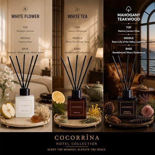 COCORRÍNA Hotel Collection Reed Diffuser Set, 3.04 fl oz Trio, Mahogany Teakwood, White Flower & White Tea, Home Fragrance for Bathroom, Bedroom, Entryway & Office