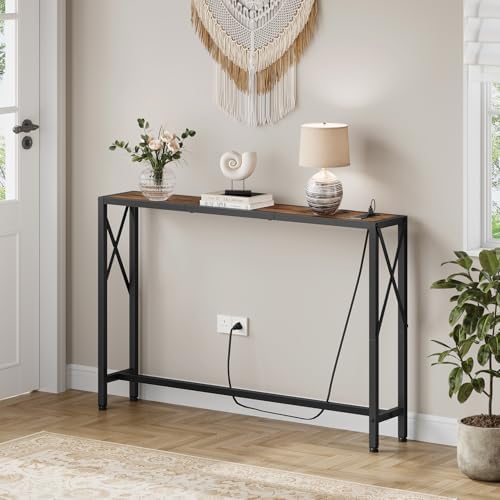 Gewudraw Narrow Console Table with Socket, Sofa Table Behind Couch, Brown
