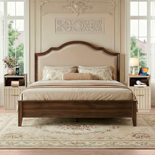iPormis Fluted Narrow End Table with Charging, 2-Drawer Nightstand, Natural