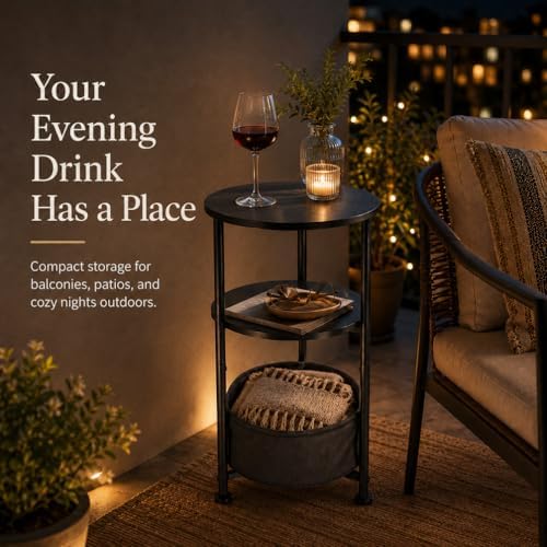 3-Tier Small Round Side Table with Storage Basket, Black