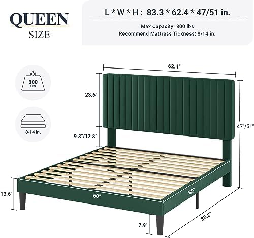 Allewie Queen Bed Frame, Velvet Upholstered Platform Bed with Adjustable Vertical Channel Tufted Headboard, Mattress Foundation with Strong Wooden Slats, Box Spring Optional, Easy Assembly, Green