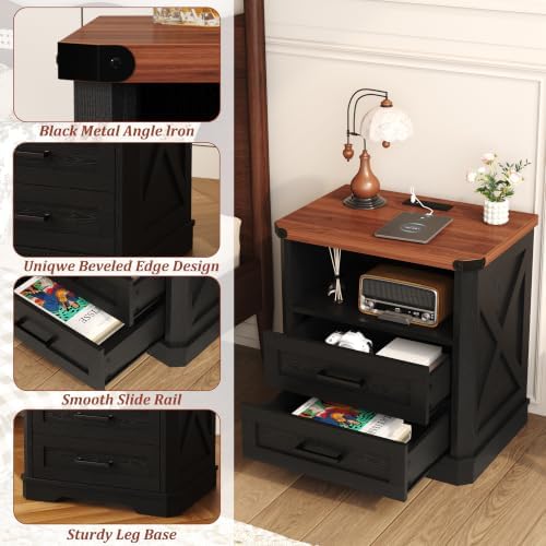 Yusong 23.62" Tall Farmhouse Nightstand, Rustic Wooden Night Stand with Charging Station, Beside Table with Drawers and Open Storage, End Tables for Bedroom, Black