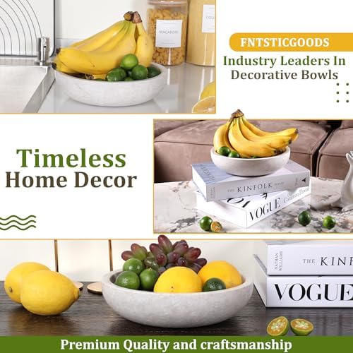 FNTSTICGOODS Travertine Decorative Bowl - 7.8” Diameter & 2” Height - Key Bowl for Entryway Table - Organic Modern Centerpiece - White/Gray