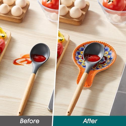 vancasso 7.7 Inch Ceramic Spoon Rest Set of 2, Bohemian Spoon Holder, Light